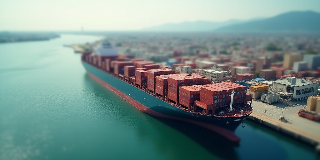 a large cargo ship is docked in a harbor with a city in the background and a large body of water, Ed