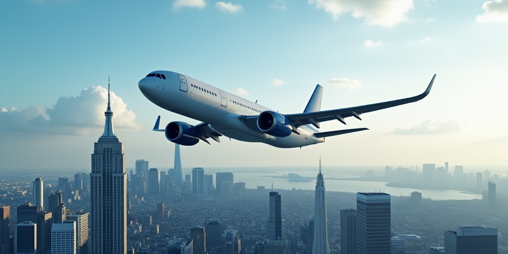 a large commercial airplane flying over a city skyline with a chart in the background and a foregrou