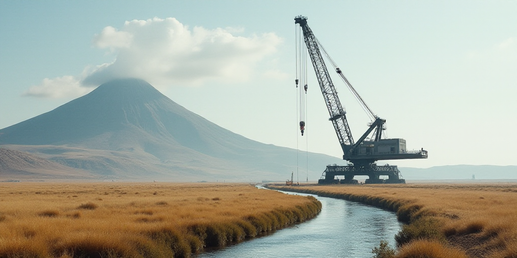 a large crane is in a large open area of land with a mountain in the background and a river running