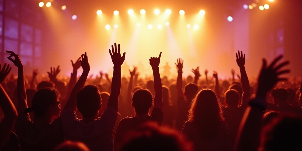 a large crowd of people are standing together and waving their hands in the air at a concert or fest