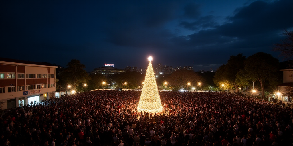 a large crowd of people standing around a christmas tree at night time with lights on it and a large