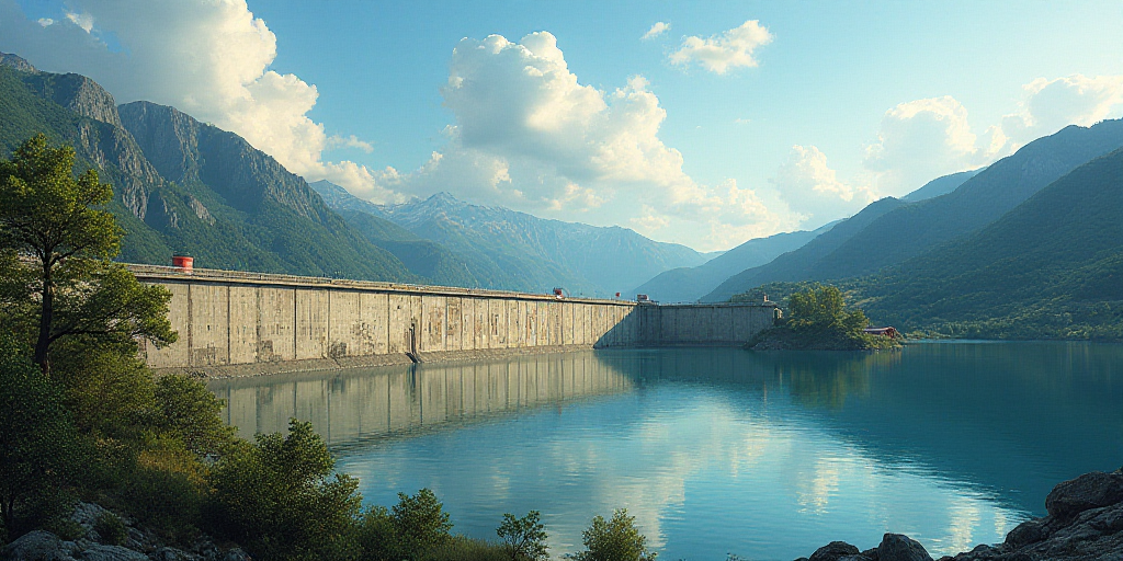 a large dam with a lake and mountains in the background and a sign that reads off on it's side, Cefe