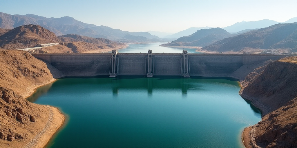 a large dam with a large body of water in the middle of it and a large building in the background, A