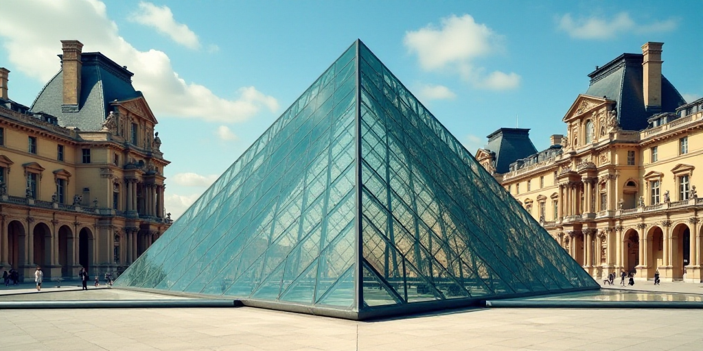 a large glass pyramid in front of a building with a sky background and a few people standing around