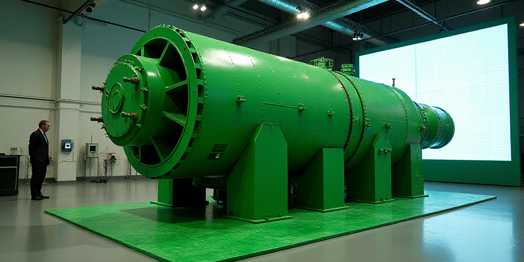a large green machine is on display in a building with a large screen in the background and a man st