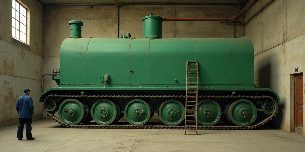 a large green tank sitting inside of a warehouse next to a man in a blue shirt and a ladder, Amédé