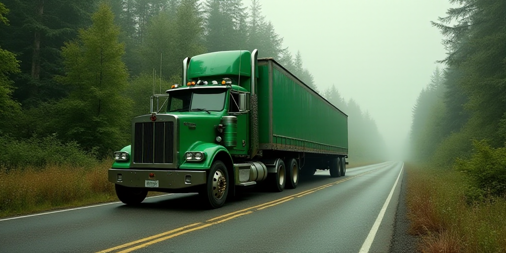 a large green truck driving down a road next to a forest filled with trees and bushes on a cloudy da
