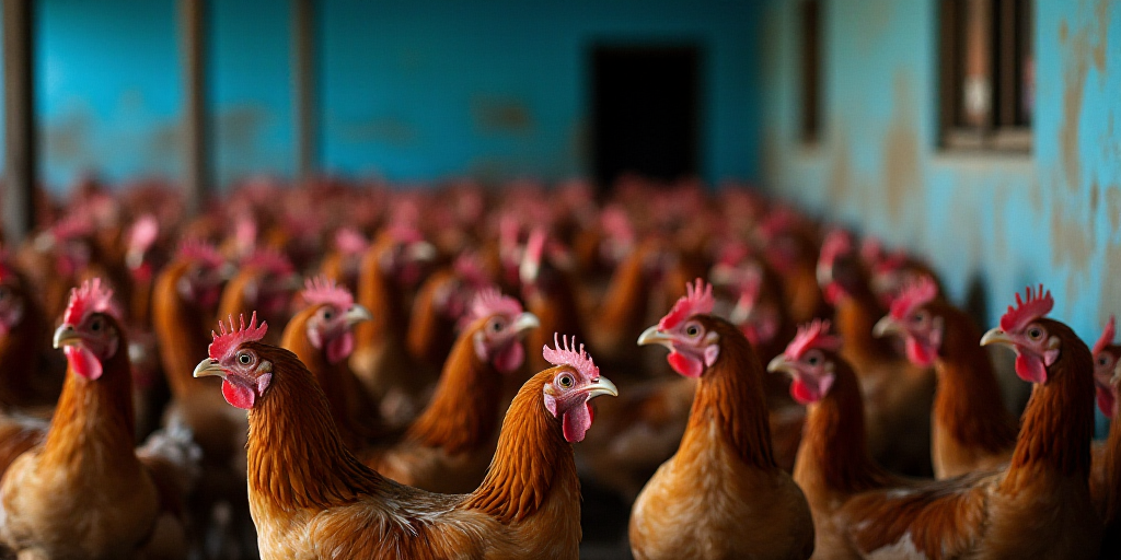 a large group of chickens in a building with a blue roof and a row of other chickens in the backgrou