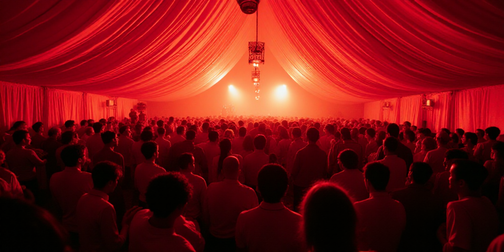 a large group of people are gathered together for a photo in a tent with red drapes and drapes, Eddi