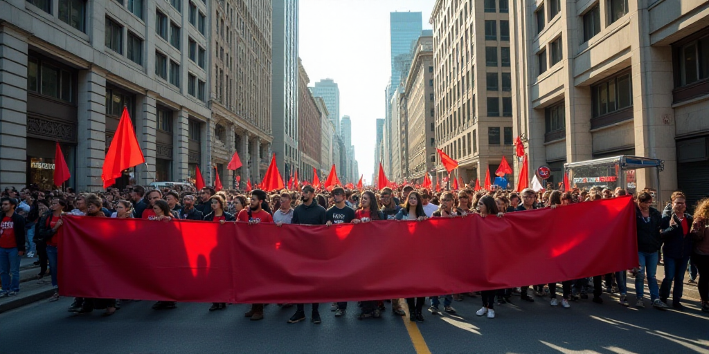 a large group of people holding a protest sign in a city street with buildings in the background and