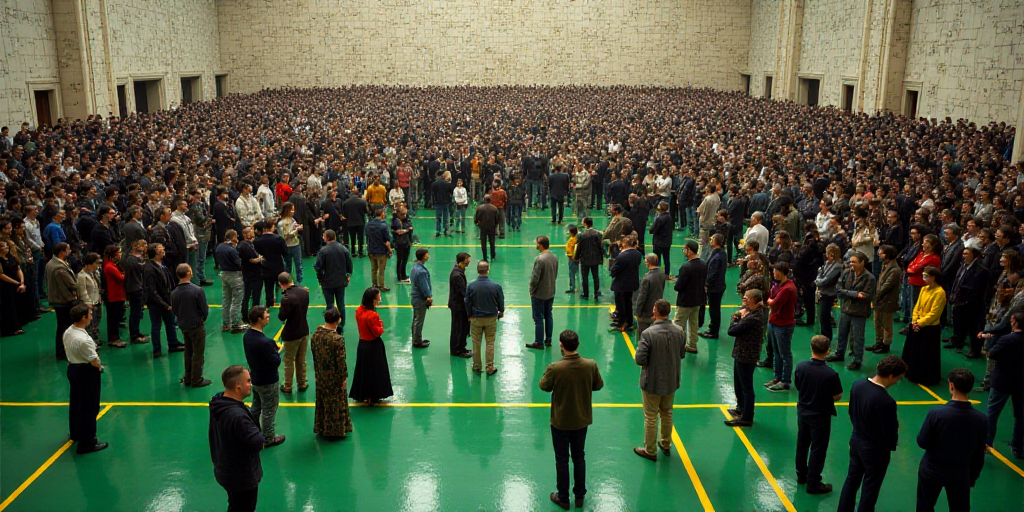 a large group of people standing around a large group of people in a room with a green floor and yel
