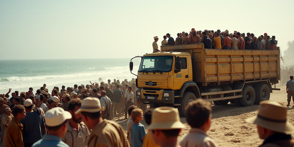 a large group of people standing on top of a beach next to a truck filled with people wearing hats,