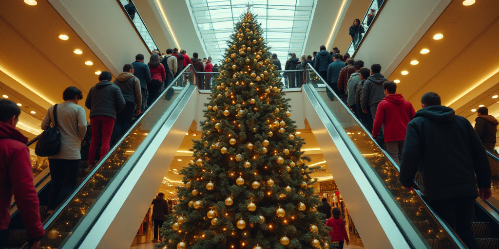 a large group of people walking up and down a mall escalator with a christmas tree in the middle, Er