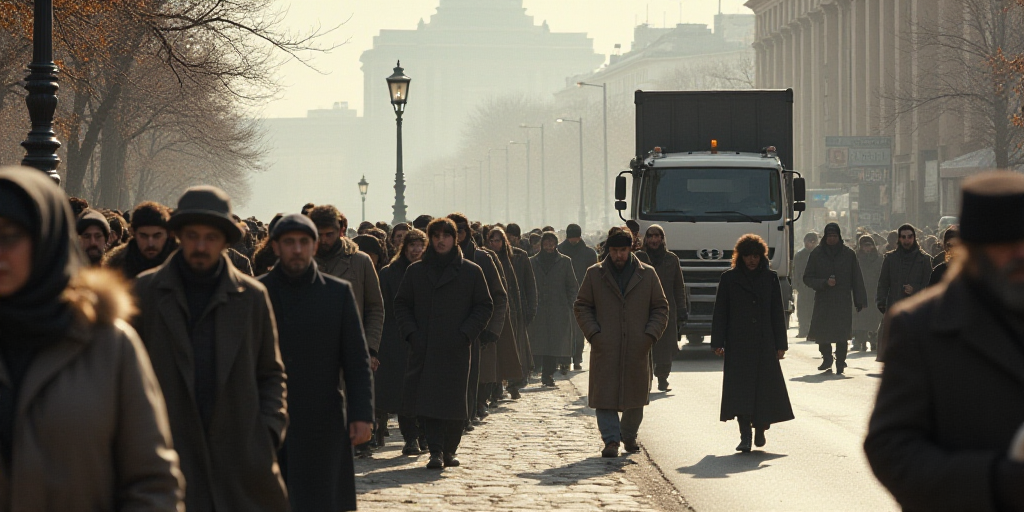 a large group of people walking down a street together in a line with a truck in the background and