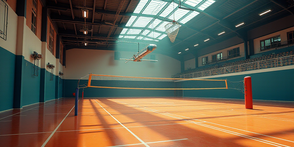 a large indoor gym with a volleyball net and volleyball balls on the floor and a volleyball net in t