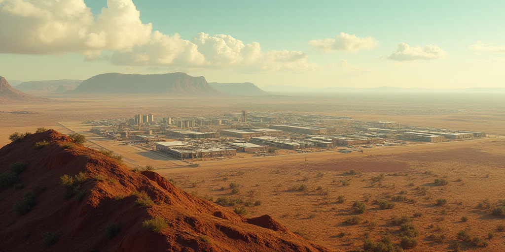 a large industrial area with a lot of buildings and trees in the background and a hill in the foregr