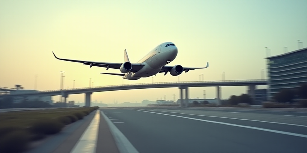 a large jetliner flying over a runway next to a bridge and a building with a large bridge in the bac
