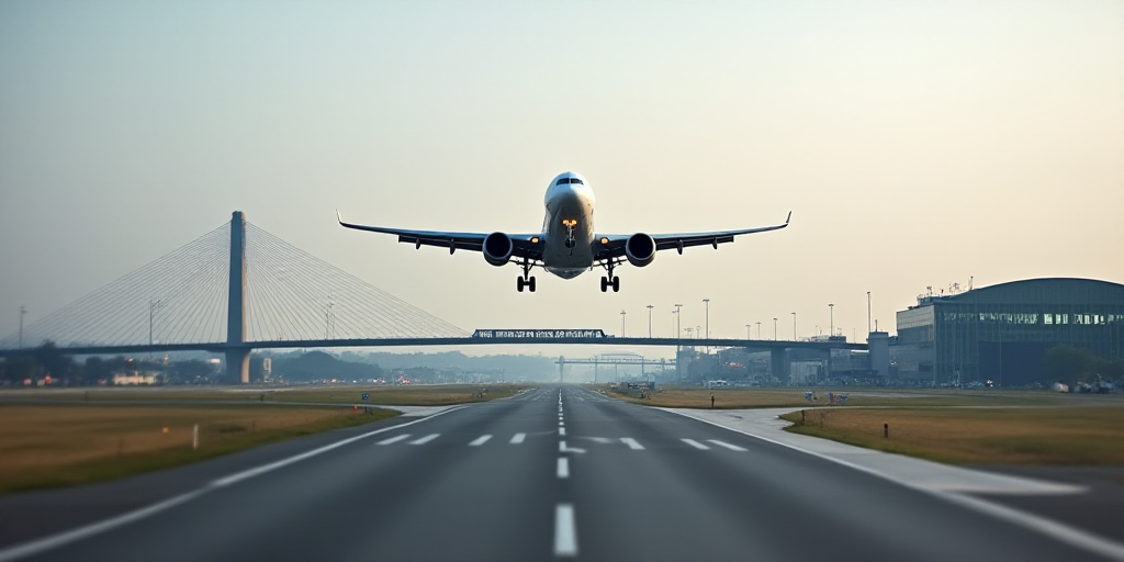 a large jetliner flying over a runway next to a bridge and a building with a large bridge in the bac
