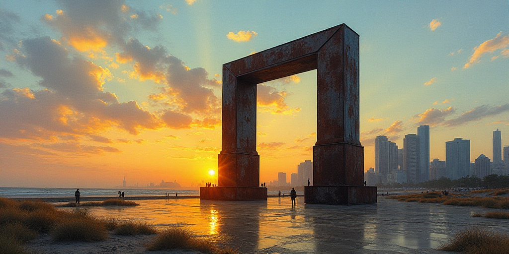 a large metal structure with a sun setting behind it and a sky background with buildings in the back