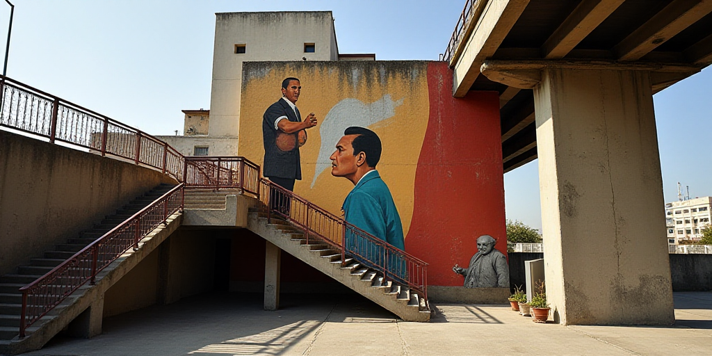 a large mural of a man and a woman on a building wall under a bridge with stairs and railing railing
