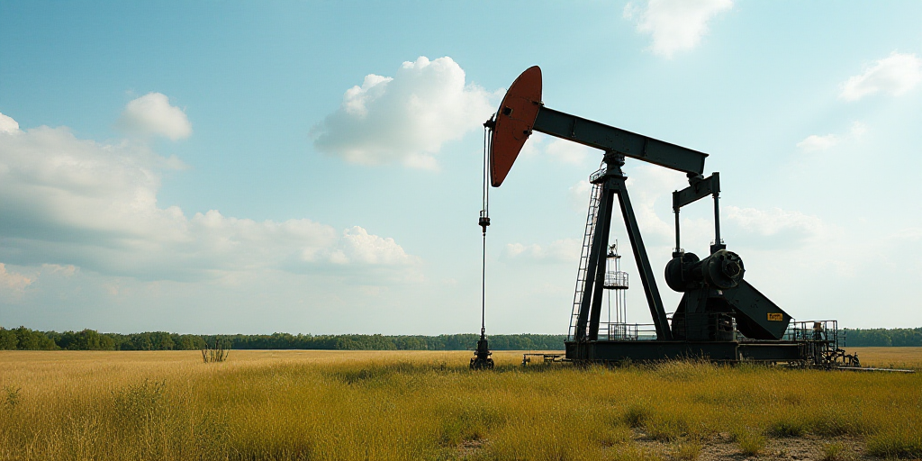 a large oil rig sitting in a field next to a field of grass and trees with a sky background, Ancell