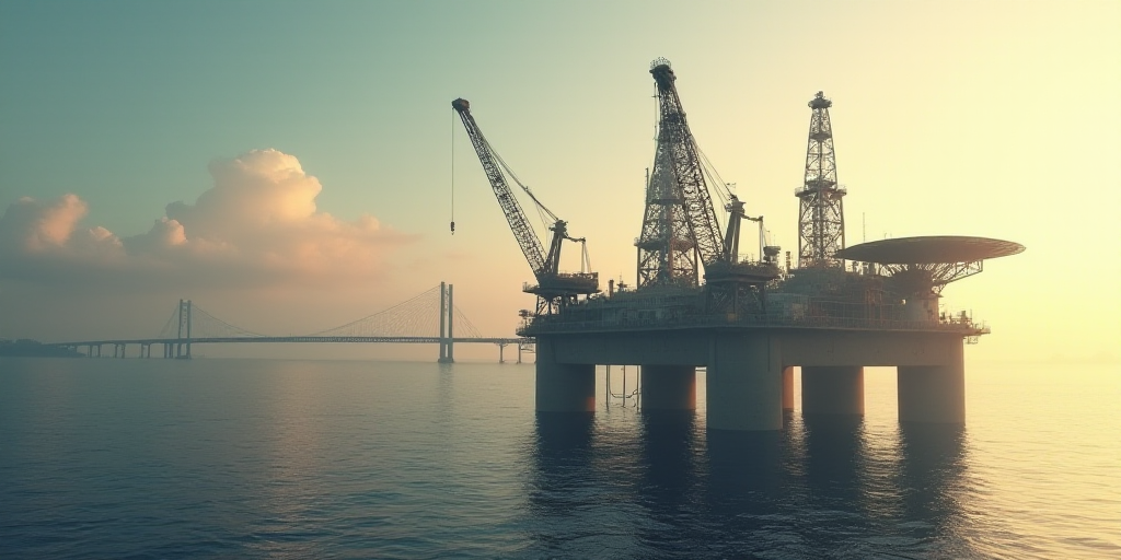 a large oil rig sitting on top of a large body of water next to a bridge over water with lots of cra