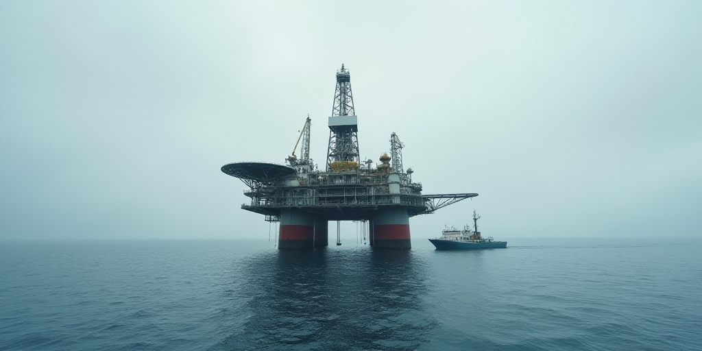 a large oil rig sitting on top of a large body of water next to a boat in the ocean, Andreas Gursky,