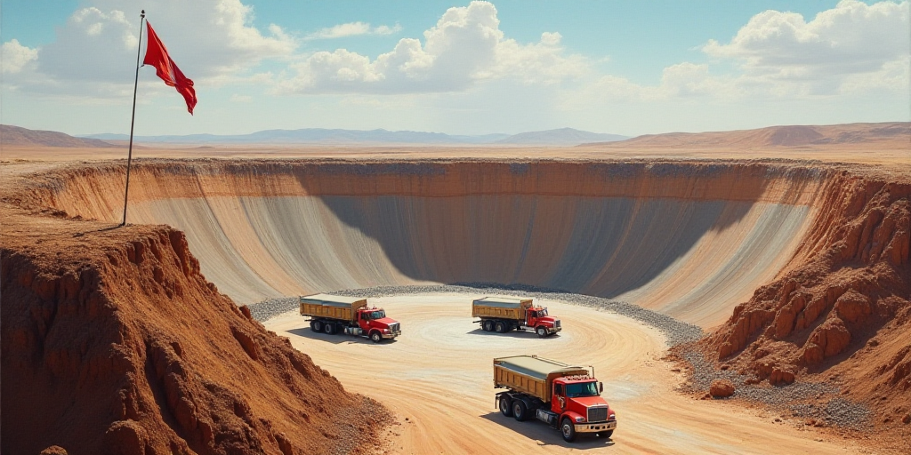 a large open pit with trucks and trucks in it and a flag flying in the air next to it, Edi Rama, oil
