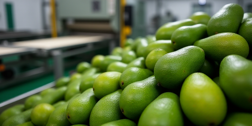 a large pile of avocados in a factory setting with a conveyor belt in the background and a machine i