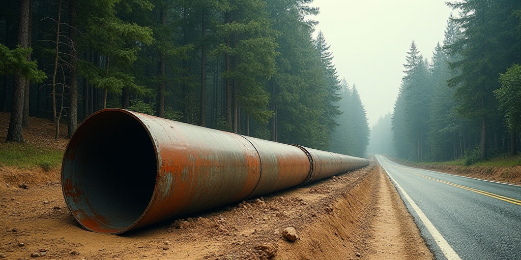 a large pipe laying on the side of a road next to a forest of trees and dirt on the side of the road