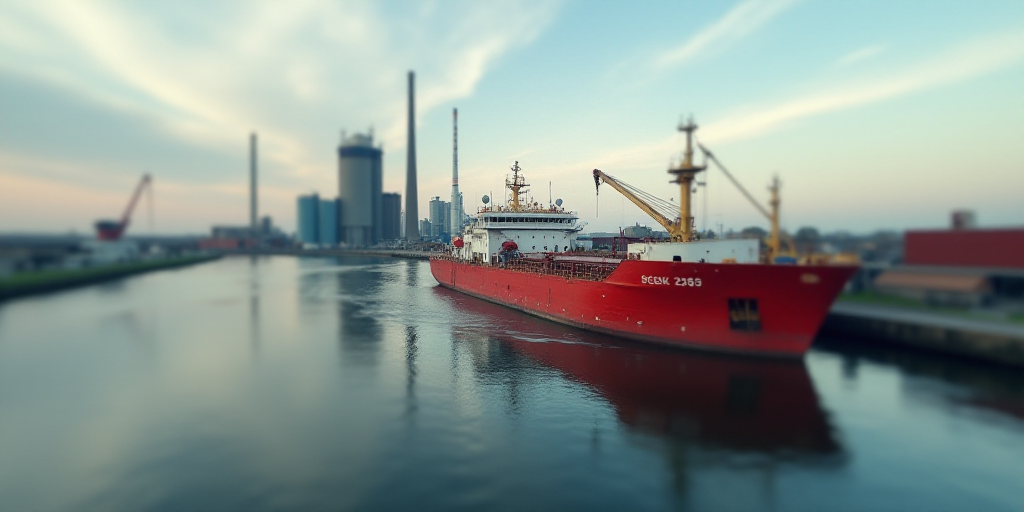 a large red boat floating on top of a river next to a large industrial area with a large factory, Co