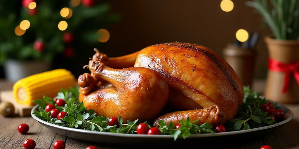 a large roasting turkey on a plate with corn on the cob and a holiday decoration in the background,