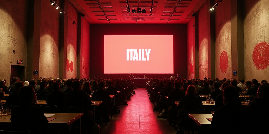 a large room filled with people sitting at tables and a big screen above them that says italy on it,