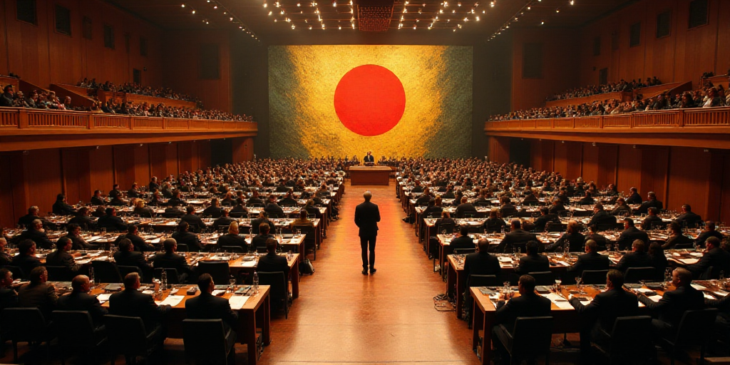 a large room with a bunch of people sitting at tables and a speaker in the middle of the room, David