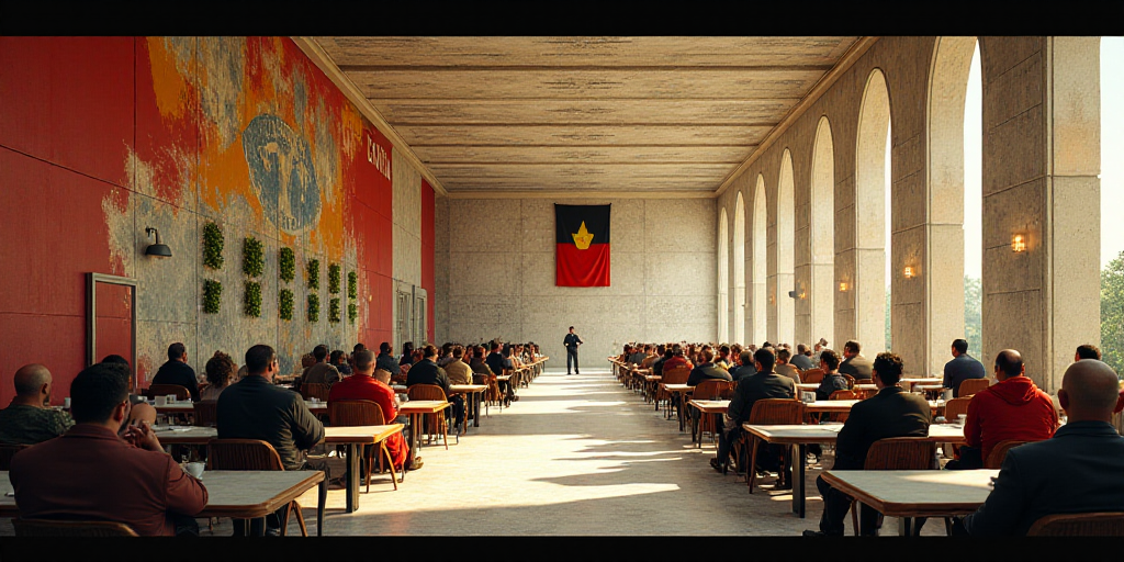 a large room with a lot of people sitting at tables and a wall with plants on it and a flag hanging