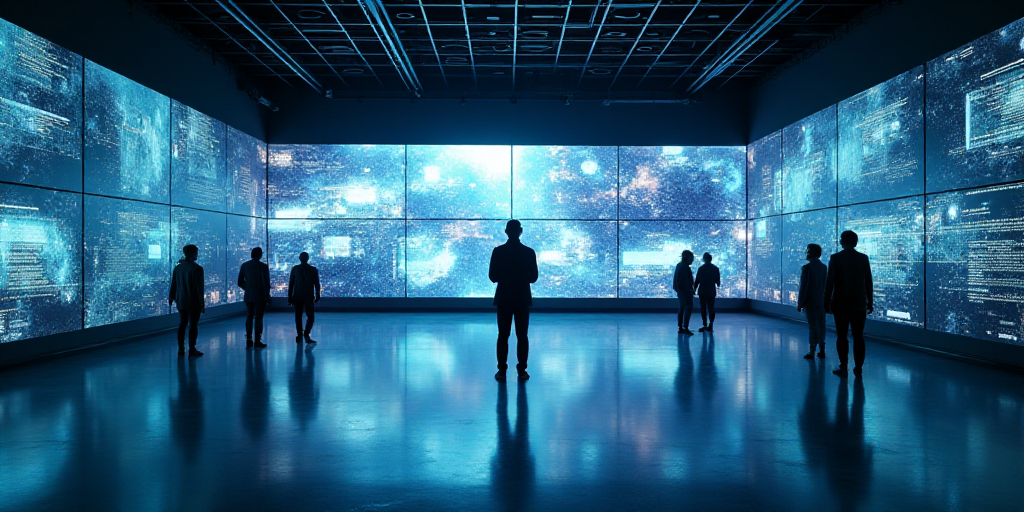 a large room with many monitors and people walking around it and a man standing in the middle of the