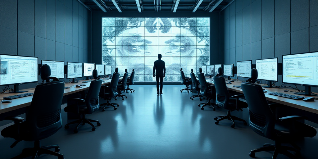 a large room with multiple desks and monitors on the walls and a man standing in the middle of the r