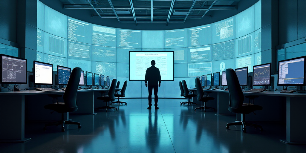 a large room with multiple desks and monitors on the walls and a man standing in the middle of the r