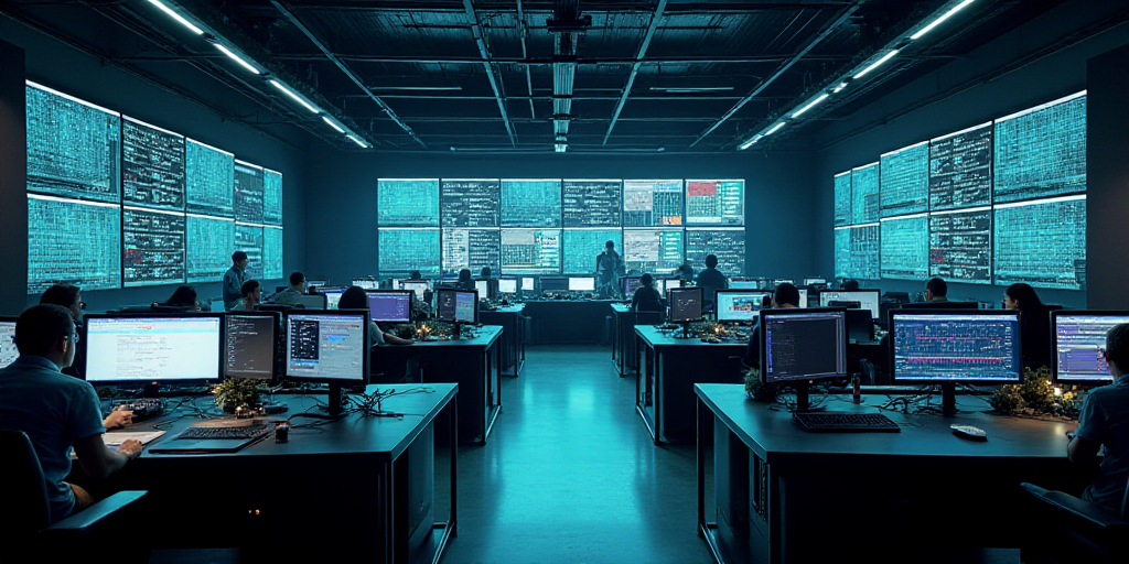 a large room with multiple monitors and tables in it's center area, with people working at tables, E