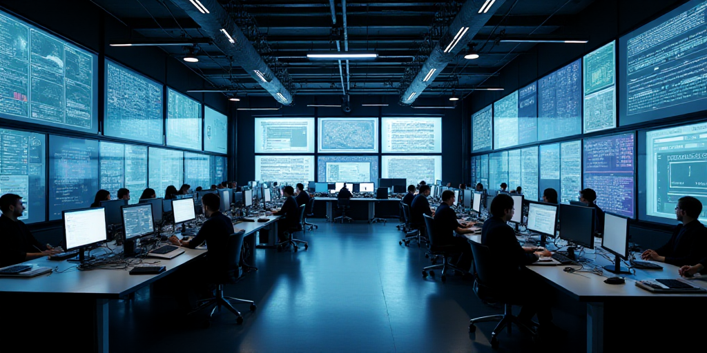 a large room with multiple monitors and tables in it's center area, with people working at tables, E