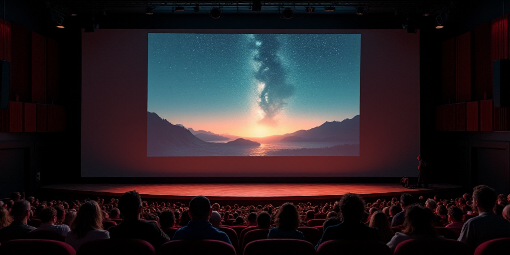 a large screen with a movie poster on it's wall above a stage with people standing on it, Avgust Če