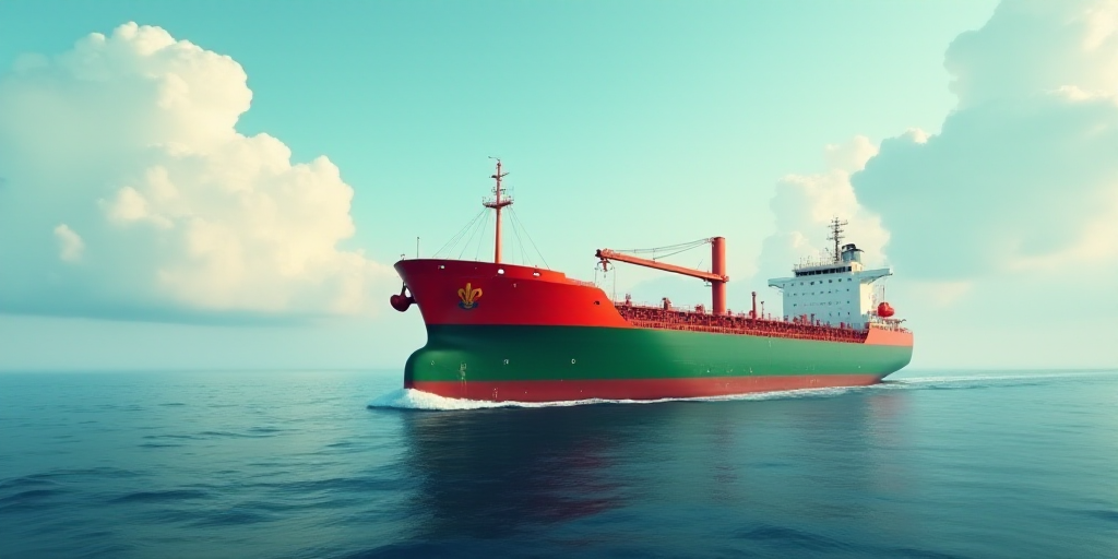 a large ship in the middle of the ocean with a sky background and clouds in the background, with a r