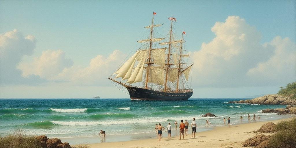 a large ship in the ocean with people in the water watching it from the shore line of a beach, Charl