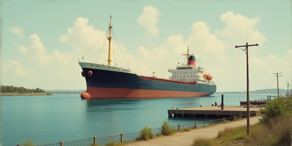 a large ship is in the water near a dock with a fence and a dock post in front of it, Fitz Henry Lan