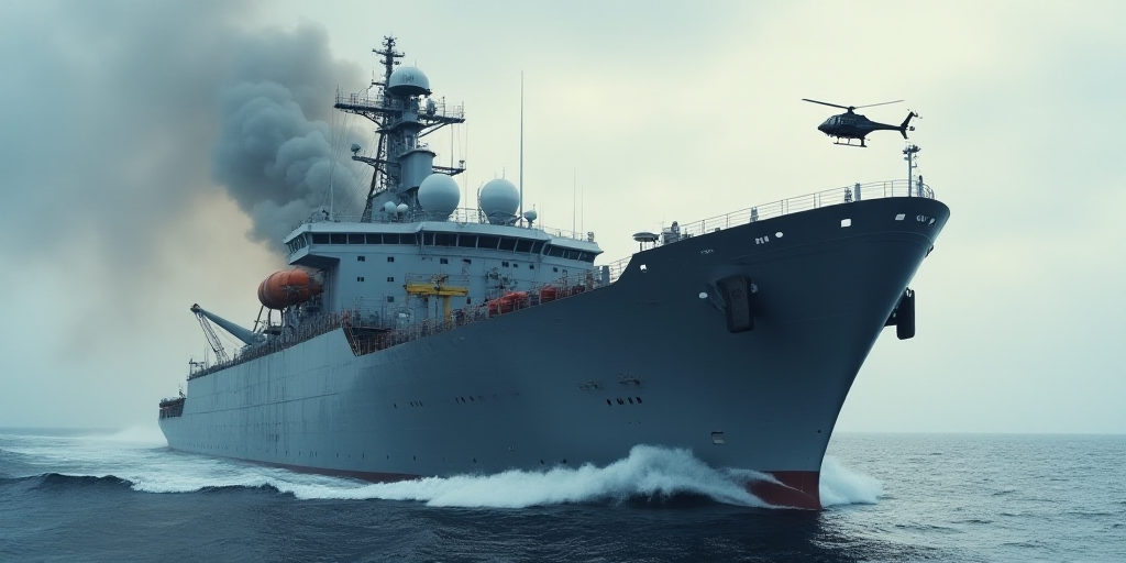 a large ship with a lot of smoke coming out of it's side and a helicopter flying over it, Estuardo M
