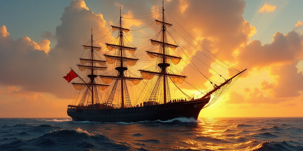 a large ship with people standing on it's deck at sunset or dawn with a flag flying in the wind, Fit