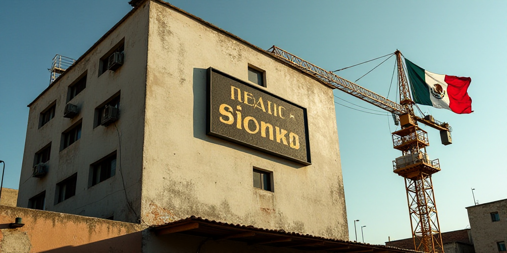 a large sign hanging from the side of a building next to a crane with a mexican flag on it, David Al