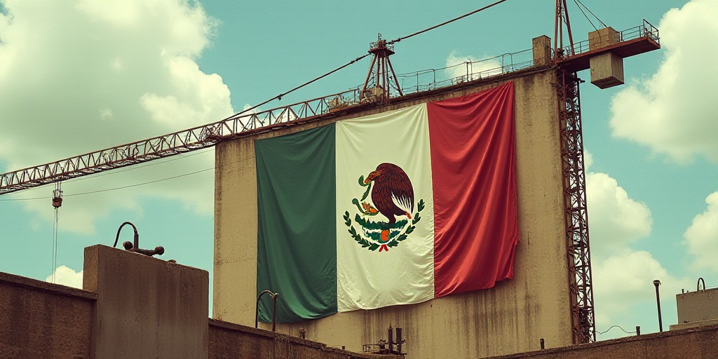 a large sign hanging from the side of a building next to a crane with a mexican flag on it, David Al