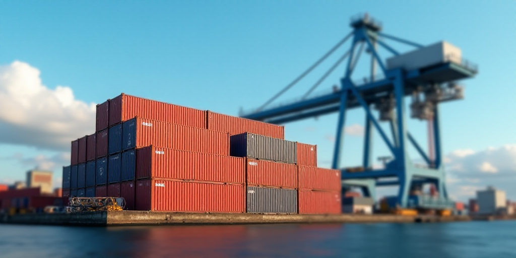 a large stack of containers sitting next to a crane in a harbor area of a city with a blue sky, Andr