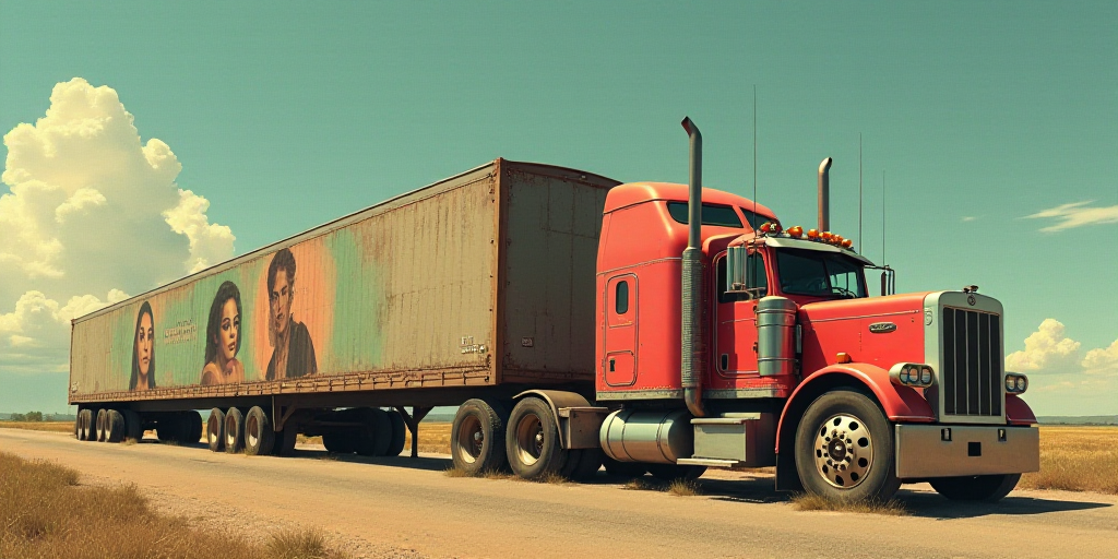 a large truck with a picture of a woman on it's side next to a large truck with a trailer behind it,